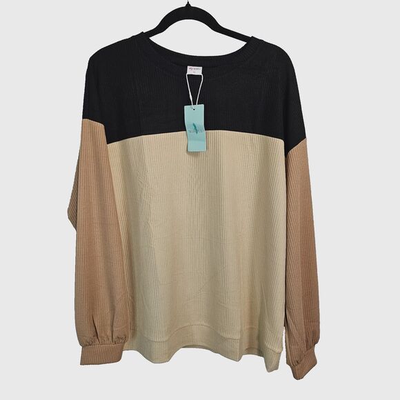 Oversized Shirt Ribbed Knit Round Neck Contrast Color Sweater Womens XL - Picture 1 of 5